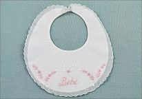 SALE!  Swiss-made Pink Floral baby bib with "Bebe" Embroidery