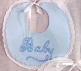 SALE!  "Baby" Embroidered Linen Bib--blue or pink on white